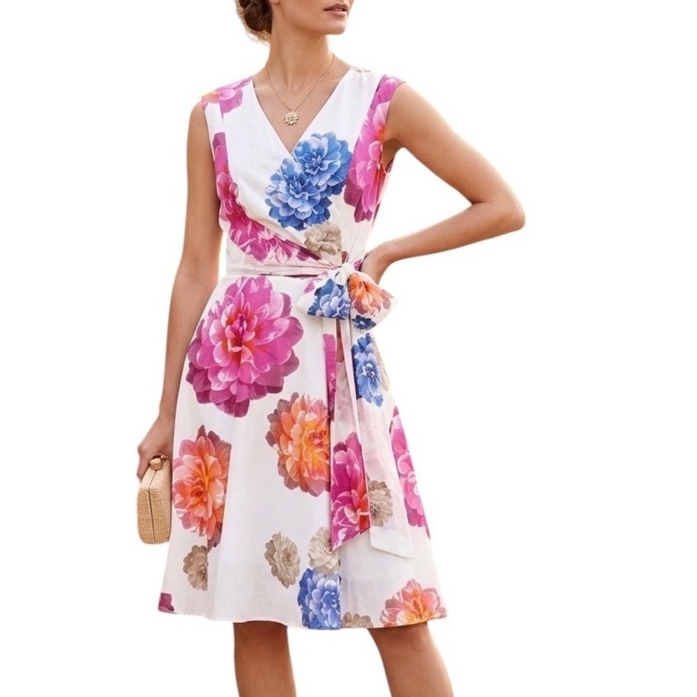 Calvin Klein Womens Floral V-Neck Faux Wrap Tie Waist Spring Easter Dress 8